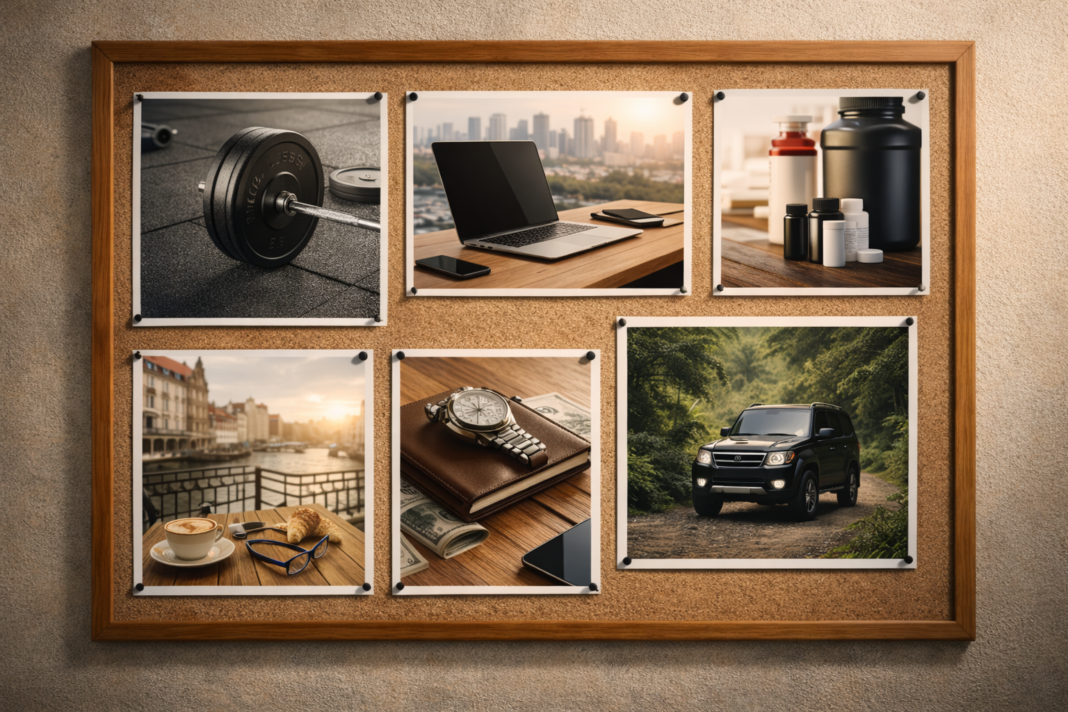 A physical vision board with photos pinned to corkboard